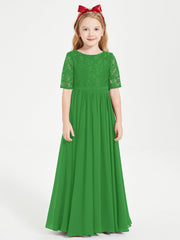 Abito Lungo Damigella Junior Top In Pizzo Con Maniche A Mezza Lunghezza Verde