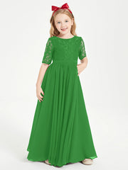 Abito Lungo Damigella Junior Top In Pizzo Con Maniche A Mezza Lunghezza Verde
