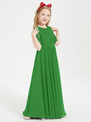 Abito Lungo Damigella Junior Top In Pizzo Con Maniche A Mezza Lunghezza Verde