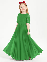 Abito Lungo Damigella Junior Top In Pizzo Con Maniche A Mezza Lunghezza Verde