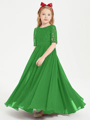 Abito Lungo Damigella Junior Top In Pizzo Con Maniche A Mezza Lunghezza Verde