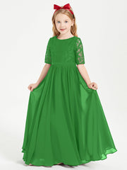 Abito Lungo Damigella Junior Top In Pizzo Con Maniche A Mezza Lunghezza Verde