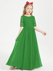 Abito Lungo Damigella Junior Top In Pizzo Con Maniche A Mezza Lunghezza Verde