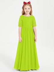 Abito Lungo Damigella Junior Top In Pizzo Con Maniche A Mezza Lunghezza Verde Lime