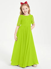 Abito Lungo Damigella Junior Top In Pizzo Con Maniche A Mezza Lunghezza Verde Lime