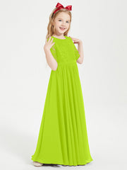 Abito Lungo Damigella Junior Top In Pizzo Con Maniche A Mezza Lunghezza Verde Lime