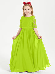Abito Lungo Damigella Junior Top In Pizzo Con Maniche A Mezza Lunghezza Verde Lime