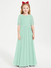 Abito Lungo Damigella Junior Top In Pizzo Con Maniche A Mezza Lunghezza Verde Menta