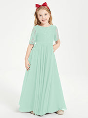 Abito Lungo Damigella Junior Top In Pizzo Con Maniche A Mezza Lunghezza Verde Menta