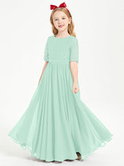 Abito Lungo Damigella Junior Top In Pizzo Con Maniche A Mezza Lunghezza Verde Menta