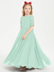 Abito Lungo Damigella Junior Top In Pizzo Con Maniche A Mezza Lunghezza Verde Menta