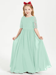 Abito Lungo Damigella Junior Top In Pizzo Con Maniche A Mezza Lunghezza Verde Menta