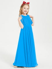 Abito Lungo Damigella Junior Top In Pizzo Con Maniche A Mezza Lunghezza Blu Oceano
