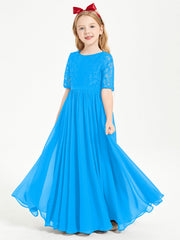 Abito Lungo Damigella Junior Top In Pizzo Con Maniche A Mezza Lunghezza Blu Oceano