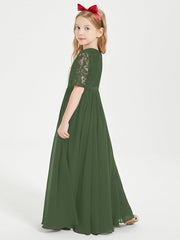 Abito Lungo Damigella Junior Top In Pizzo Con Maniche A Mezza Lunghezza Verde Oliva