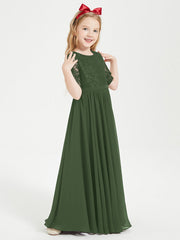 Abito Lungo Damigella Junior Top In Pizzo Con Maniche A Mezza Lunghezza Verde Oliva
