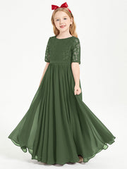 Abito Lungo Damigella Junior Top In Pizzo Con Maniche A Mezza Lunghezza Verde Oliva