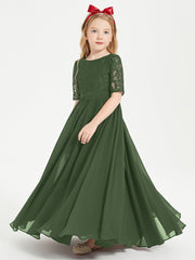 Abito Lungo Damigella Junior Top In Pizzo Con Maniche A Mezza Lunghezza Verde Oliva
