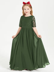 Abito Lungo Damigella Junior Top In Pizzo Con Maniche A Mezza Lunghezza Verde Oliva