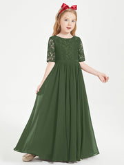 Abito Lungo Damigella Junior Top In Pizzo Con Maniche A Mezza Lunghezza Verde Oliva