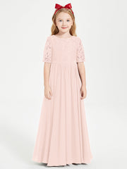 Abito Lungo Damigella Junior Top In Pizzo Con Maniche A Mezza Lunghezza Rosa Perlato