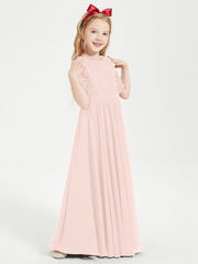 Abito Lungo Damigella Junior Top In Pizzo Con Maniche A Mezza Lunghezza Rosa Perlato