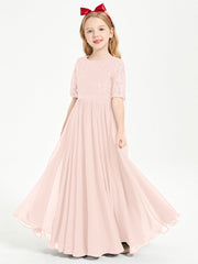 Abito Lungo Damigella Junior Top In Pizzo Con Maniche A Mezza Lunghezza Rosa Perlato
