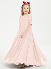 Abito Lungo Damigella Junior Top In Pizzo Con Maniche A Mezza Lunghezza Rosa Perlato