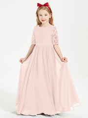 Abito Lungo Damigella Junior Top In Pizzo Con Maniche A Mezza Lunghezza Rosa Perlato