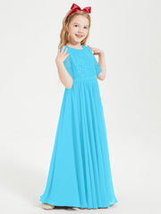 Abito Lungo Damigella Junior Top In Pizzo Con Maniche A Mezza Lunghezza Blu Piscina