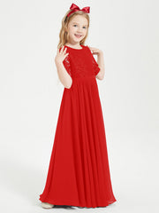 Abito Lungo Damigella Junior Top In Pizzo Con Maniche A Mezza Lunghezza Rosso