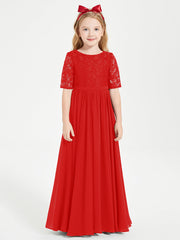 Abito Lungo Damigella Junior Top In Pizzo Con Maniche A Mezza Lunghezza Rosso