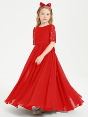 Abito Lungo Damigella Junior Top In Pizzo Con Maniche A Mezza Lunghezza Rosso