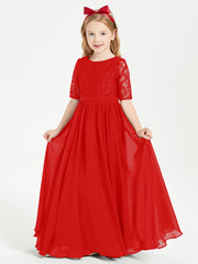 Abito Lungo Damigella Junior Top In Pizzo Con Maniche A Mezza Lunghezza Rosso
