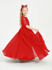 Abito Lungo Damigella Junior Top In Pizzo Con Maniche A Mezza Lunghezza Rosso