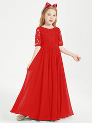 Abito Lungo Damigella Junior Top In Pizzo Con Maniche A Mezza Lunghezza Rosso