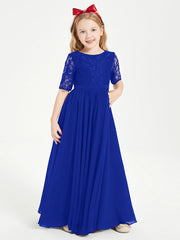 Abito Lungo Damigella Junior Top In Pizzo Con Maniche A Mezza Lunghezza Blu Royal