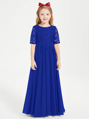 Abito Lungo Damigella Junior Top In Pizzo Con Maniche A Mezza Lunghezza Blu Royal