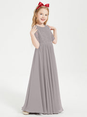 Abito Lungo Damigella Junior Top In Pizzo Con Maniche A Mezza Lunghezza Argento