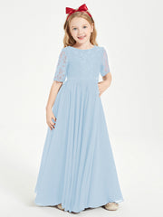Abito Lungo Damigella Junior Top In Pizzo Con Maniche A Mezza Lunghezza Blu Cielo
