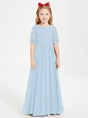 Abito Lungo Damigella Junior Top In Pizzo Con Maniche A Mezza Lunghezza Blu Cielo