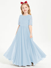 Abito Lungo Damigella Junior Top In Pizzo Con Maniche A Mezza Lunghezza Blu Cielo