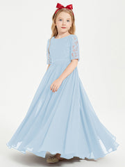 Abito Lungo Damigella Junior Top In Pizzo Con Maniche A Mezza Lunghezza Blu Cielo