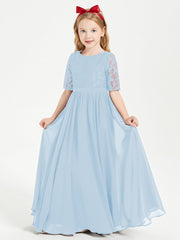 Abito Lungo Damigella Junior Top In Pizzo Con Maniche A Mezza Lunghezza Blu Cielo