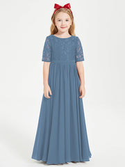 Abito Lungo Damigella Junior Top In Pizzo Con Maniche A Mezza Lunghezza Blu Ardesia