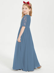 Abito Lungo Damigella Junior Top In Pizzo Con Maniche A Mezza Lunghezza Blu Ardesia