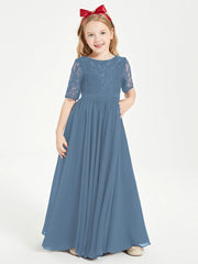 Abito Lungo Damigella Junior Top In Pizzo Con Maniche A Mezza Lunghezza Blu Ardesia