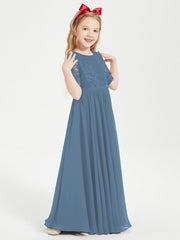 Abito Lungo Damigella Junior Top In Pizzo Con Maniche A Mezza Lunghezza Blu Ardesia