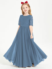 Abito Lungo Damigella Junior Top In Pizzo Con Maniche A Mezza Lunghezza Blu Ardesia
