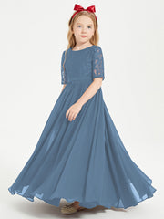 Abito Lungo Damigella Junior Top In Pizzo Con Maniche A Mezza Lunghezza Blu Ardesia